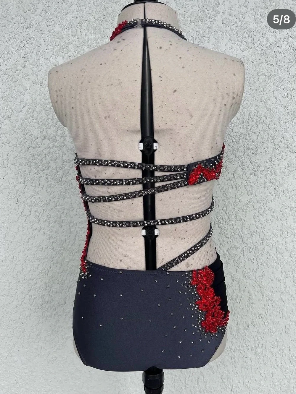 Black, Gray and Red One-Piece Dance Costume with Crystal Accents